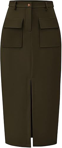 KIRUNDO Women High Waisted Cargo Midi Skirt Trendy Summer Fall Pencil Slit Dressy Casual Business... | Amazon (US)