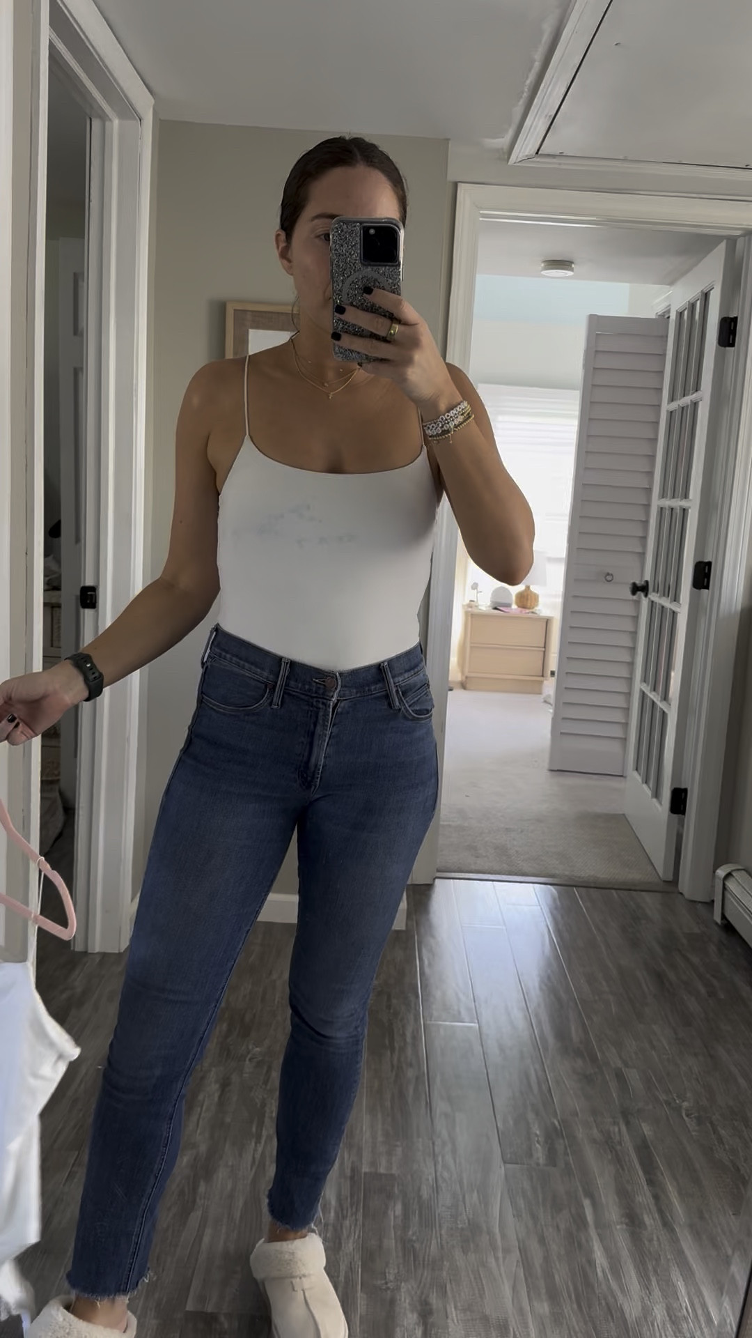 Love this cute little camo bodysuit - great to wear alone but also perfect to wear under sheer tops, vests, cardigans, etc. it’s super flattering. 
 Size small Jeans
Jeans are tts 

#LTKFindsUnder50 #LTKFindsUnder100 #LTKSaleAlert