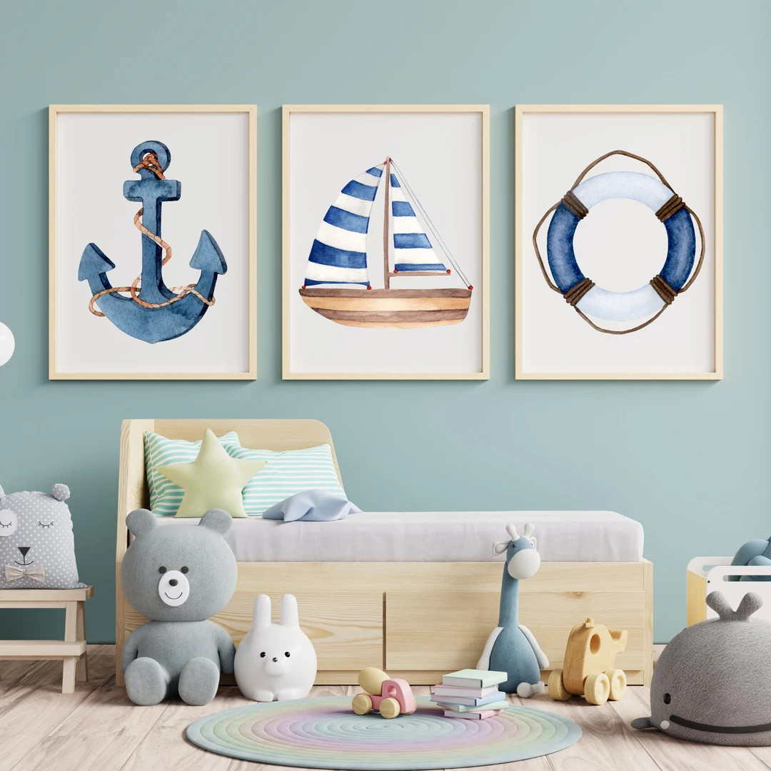 Nautical Theme Print, Coastal Watercolor Print Set of 3, Nautical Nursery Decor Printable, Baby R... | Etsy (US)