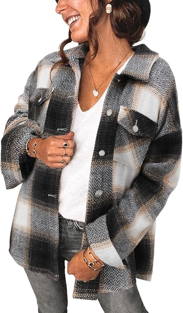 StunShow Women Plaid Shirt Button Down Flannel Shacket Long Sleeve Coat Jacket Tops Trendy 2025 | Amazon (US)