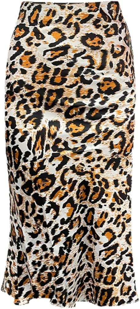 Ladies Leopard Print Skirt High Waist Elastic Silk Satin Midi Skirt Spring Casual Mid-Length Chee... | Amazon (US)