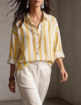 Watashi Women Striped V Neck Henley Shirt Oversized Roll Long Sleeved Collared Blouse Work Office... | Amazon (US)