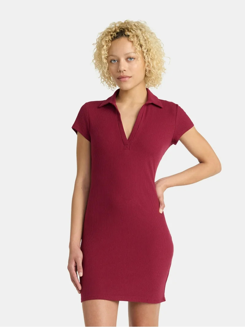 No Boundaries Ribbed Polo Mini Dress, Women’s | Walmart (US)