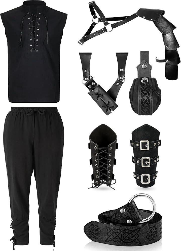 7 Pcs Men's Renaissance Costume Set Shirt Pants Belt Shoulder Armor Pouch Bracer Sword Bag for Ha... | Amazon (US)