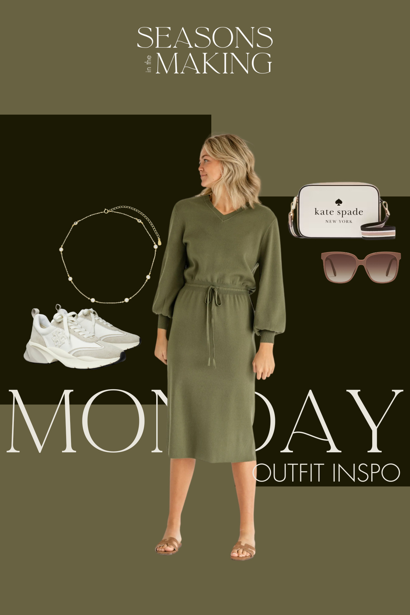 Monday mood: effortless chic! 🍃 This olive knit dress is the perfect mix of cozy and polished, whether you're running errands or jumping on Zoom calls. Pair it with comfy sneakers for an on-the-go vibe. Accessorize with a delicate gold necklace and sunnies to complete the look! ✨ Plus, this Kate Spade crossbody adds just the right touch of elegance to carry you through the day. 💼 

 

#LTKSeasonal #LTKMidsize #LTKStyleTip