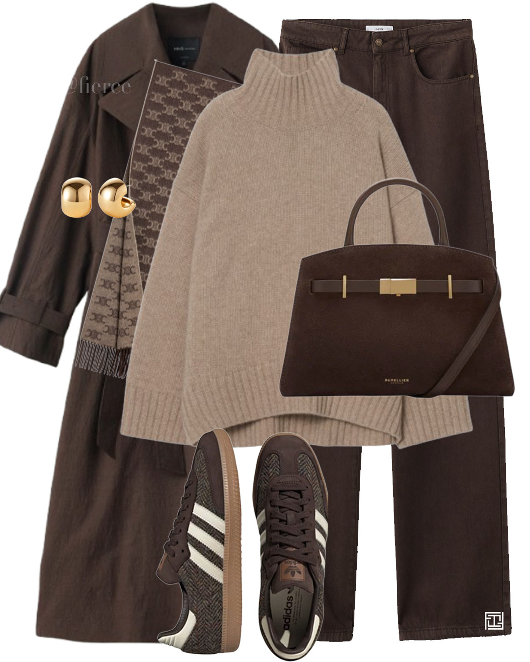 chocolate brown trench coat oversized beige jumper chocolate brown jeans celine brown scarf brown tweed adidas samba chocolate brown suede bag casual chic outfit city break weekend coffee lunch shopping 

 #LTKuk #LTKautumn #LTKeurope