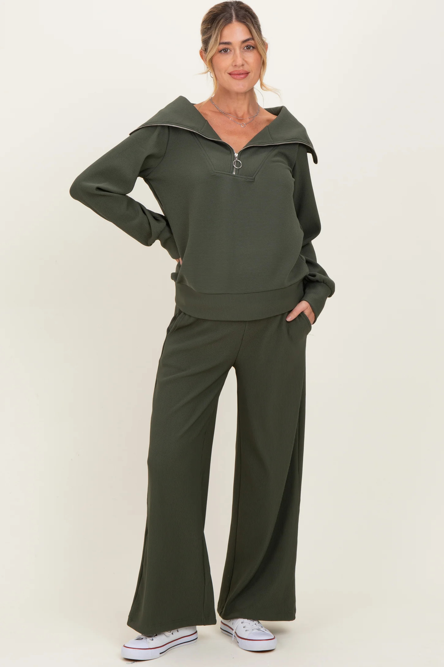 Olive Ribbed Half Zip Pullover Wide Leg Pant Maternity Set | PinkBlush Maternity