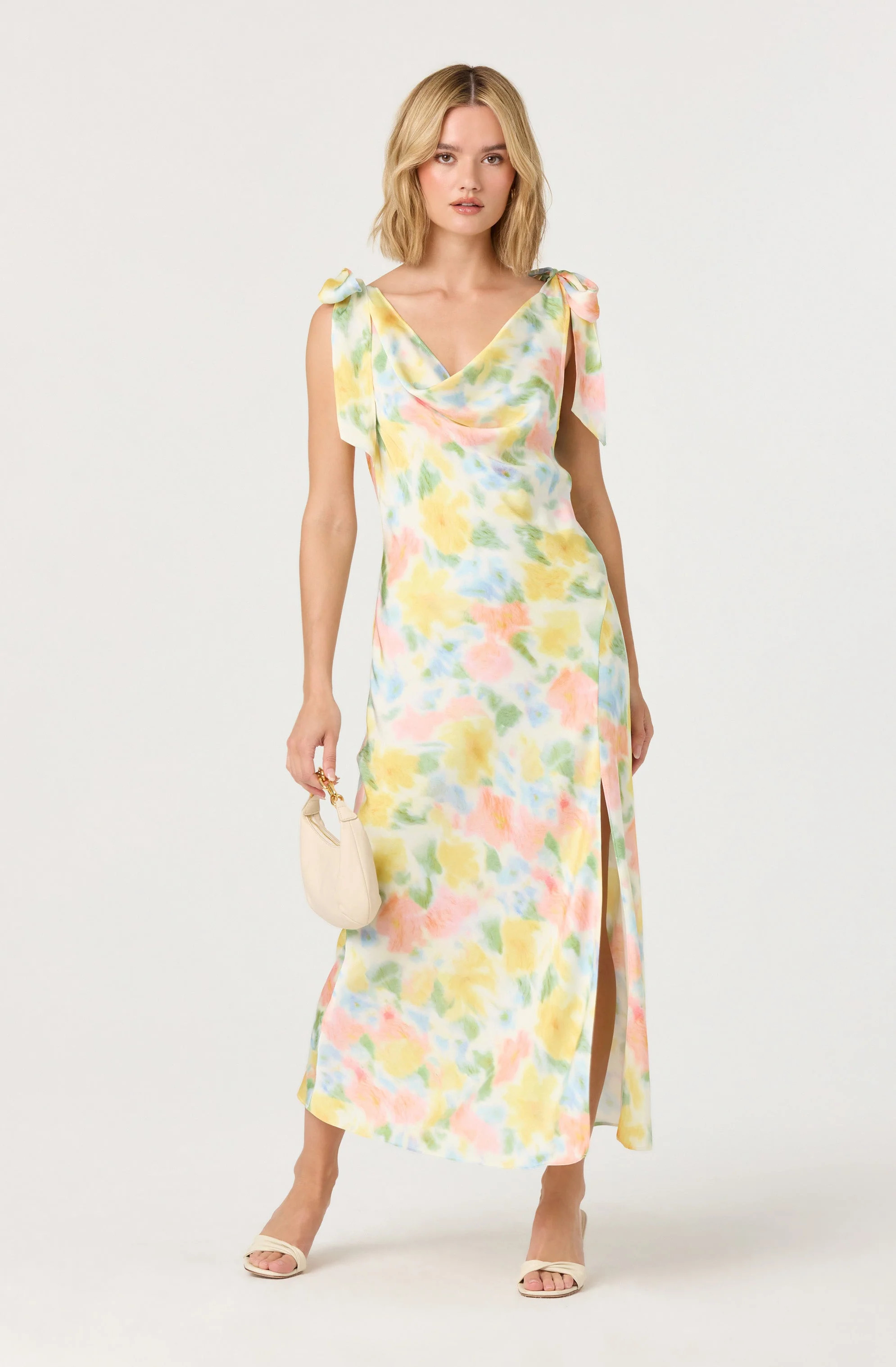 Allexina Satin Cowl Neck Midi Dress - Yellow watercolor / XS | ASTR The Label (US)