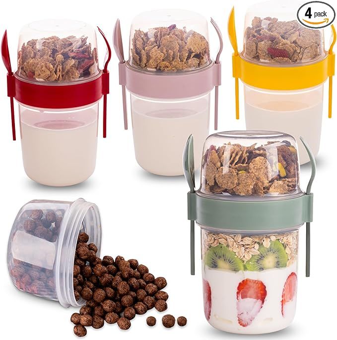 4 Pack On The Go 22 oz Breakfast Cups with Lids and Spoon, Reusable Cereal Yogurt Cup with Toppin... | Amazon (US)