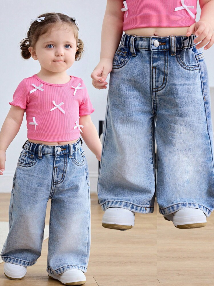 SHEIN Baby Girls' Blue Loose Straight Leg Jeans | SHEIN