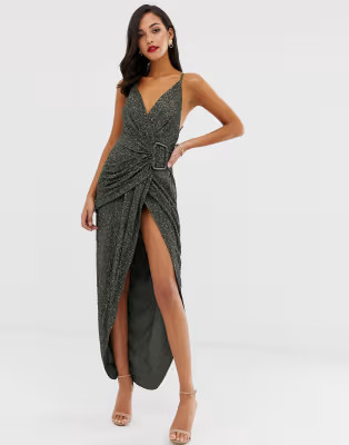 ASOS DESIGN all over sequin drape maxi dress with horn buckle | ASOS US