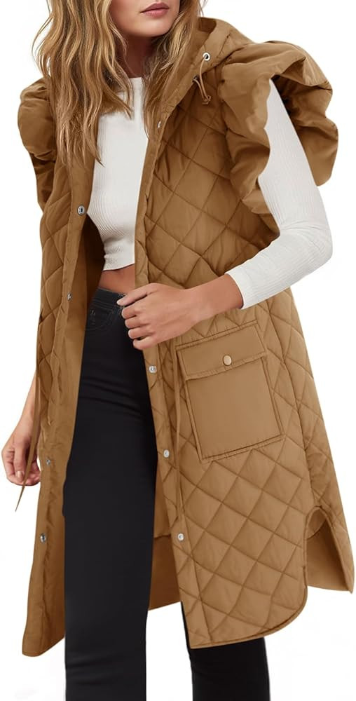 Tankaneo Womens Long Puffer Vest Ruffle Sleeve Winter Coats Hood Sleeveless Quilted Jackets Outwe... | Amazon (US)