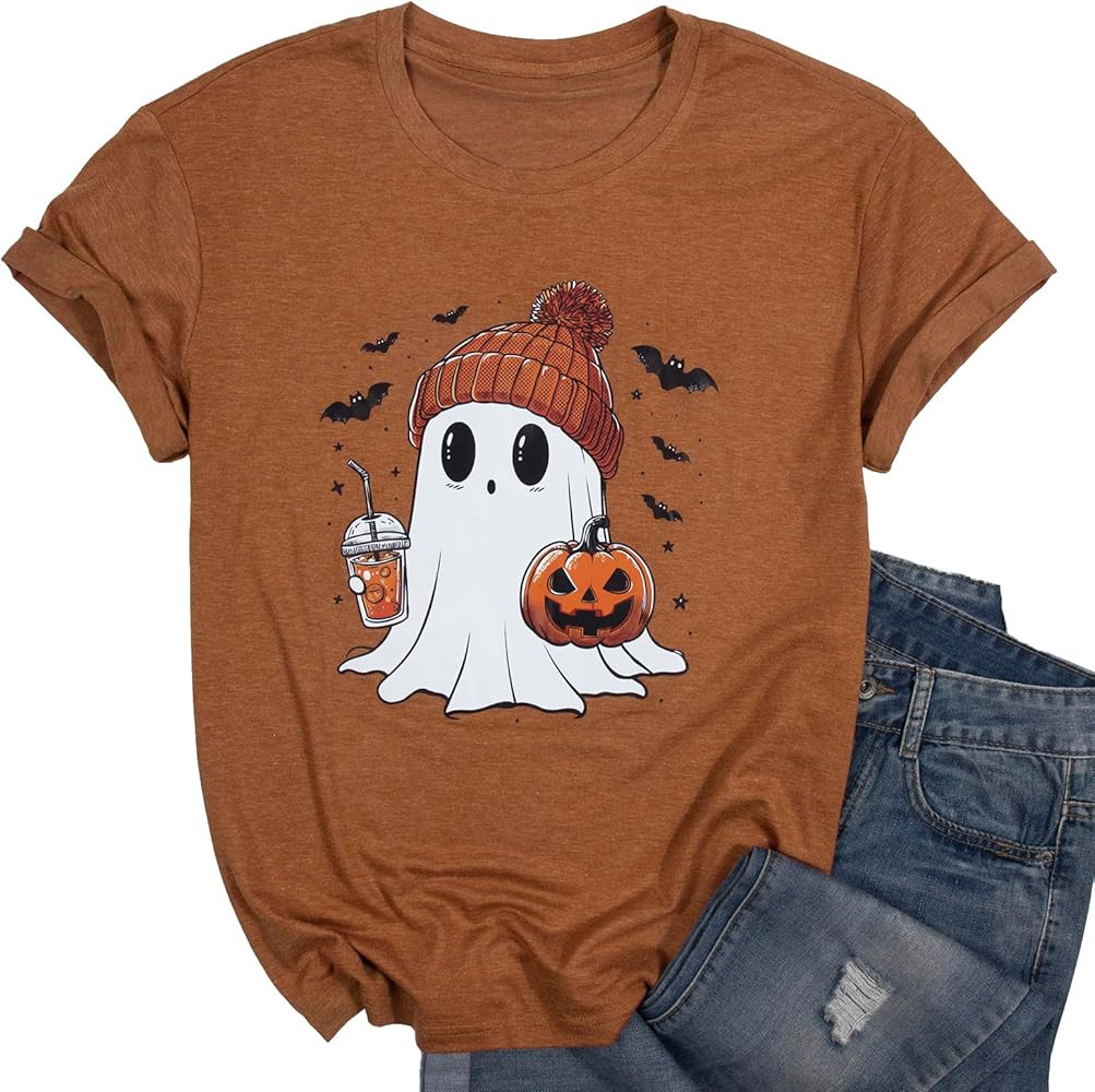 Halloween Shirts for Women Cute Ghost Shirt Fall Pumpkin Tshirt Coffee Lover Graphic Tees casual ... | Amazon (US)