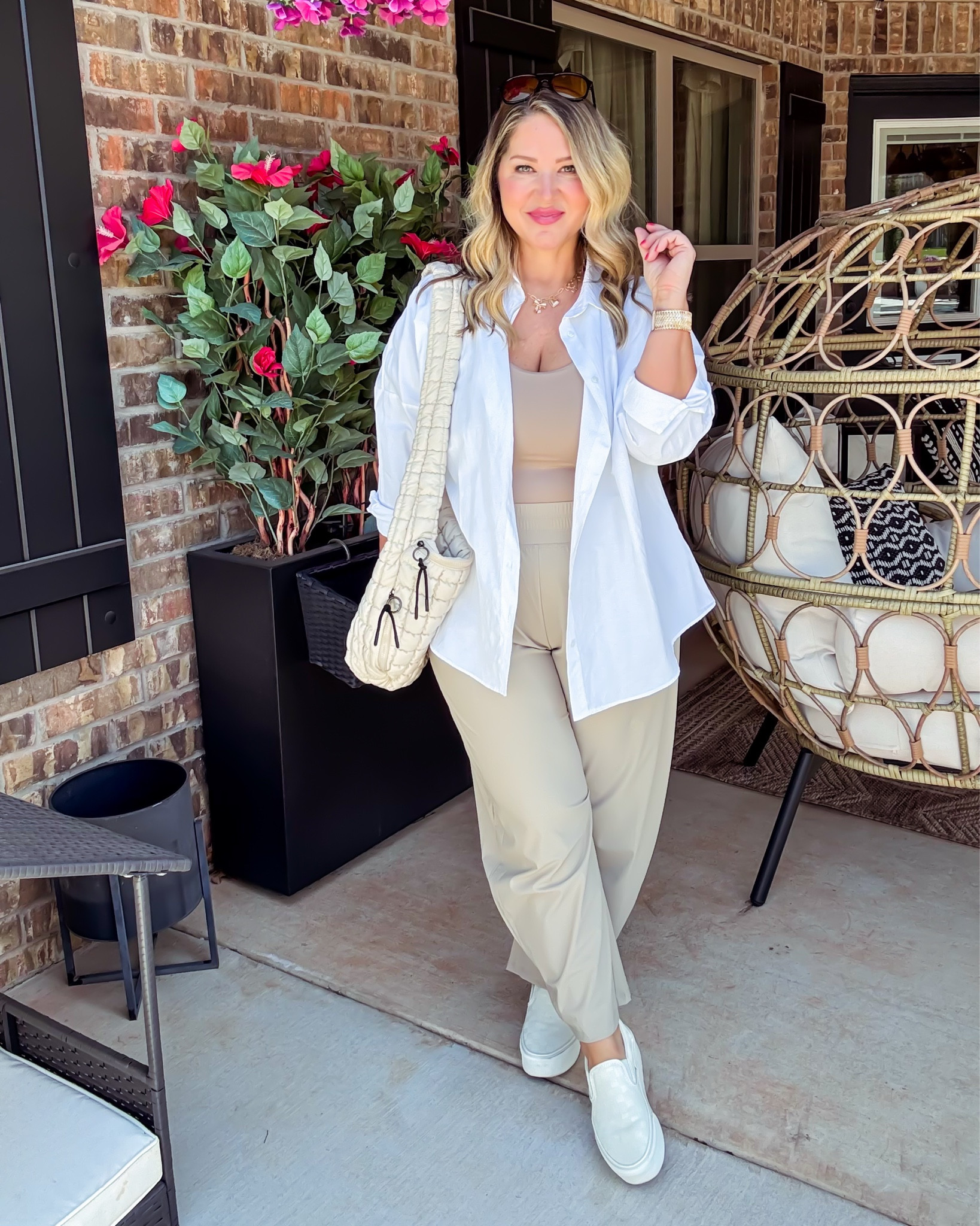 Size large in the button down and tank top  
Size medium regular in the pants 
Shoes are tts 

#LTKMidsize #LTKOver40 #LTKStyleTip