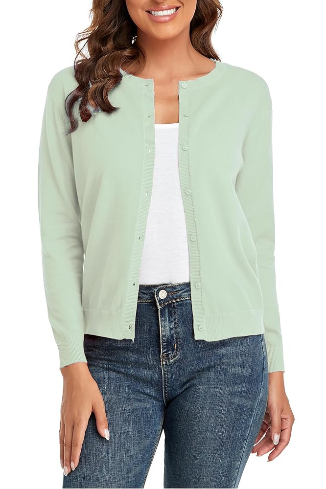 CUNYI Women's Crew Neck Cardigan Long Sleeve Sweater for Women Button Down Soft Knit Ladies Cardi... | Amazon (US)