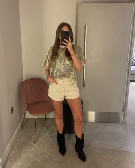 FESTIVAL STYLING with River Island
Wearing a size 10 in the sequin top
And a size 10 in the denim shorts (for a looser fit) 
Cowboy boots
