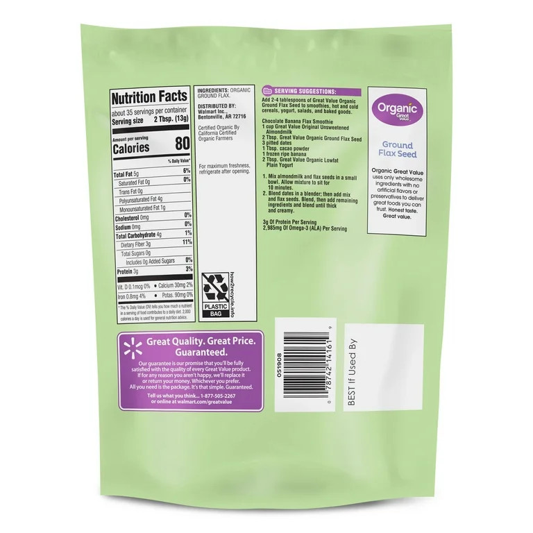 Great Value Organic Ground Cold Milled Flax Seed, 16 oz | Walmart (US)