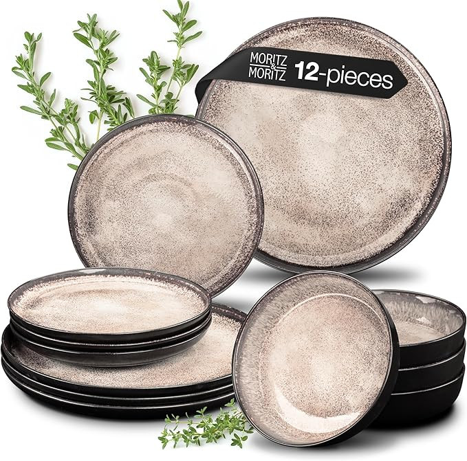 VIDA 12-Piece Chip-Resistant Porcelain Dinnerware Set for 4 | Modern Beige Stoneware Look | Micro... | Amazon (US)