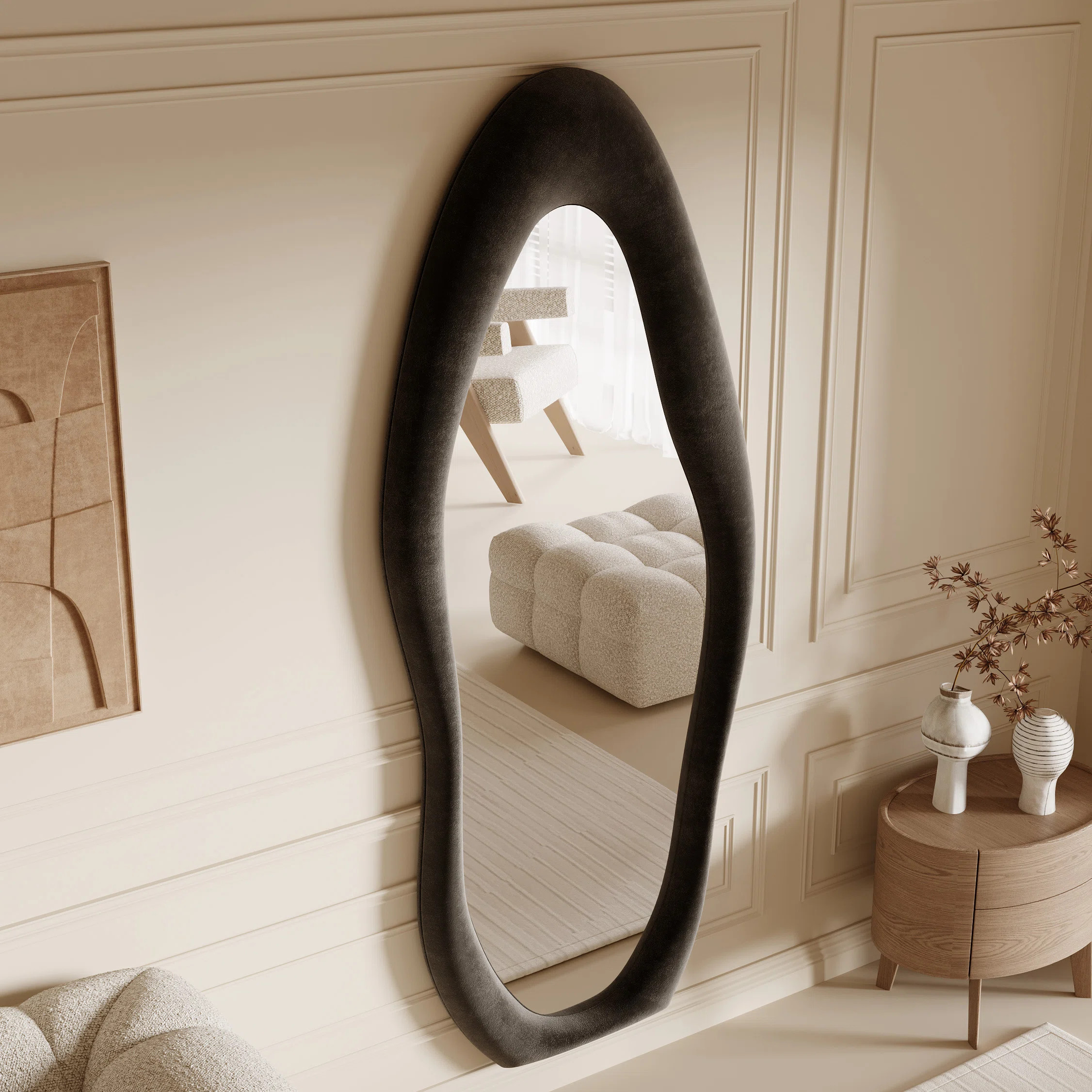 Amon Full Length 63" x 24" Mirror Velvet Art Deco Asymmetric Wavy Floor Mirror | Wayfair North America