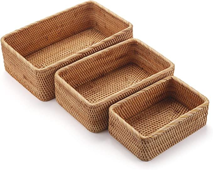 DECRAFTS Natural Rattan Fruit Storage Baskets Rectangular Woven Wicker Box for Key Holder Remote ... | Amazon (US)