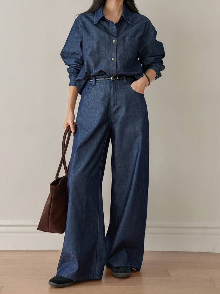 Dazy-Less 2 Pezzi Completo Casual Donna Composto Da Camicia A Maniche Lunghe E Pantaloni In Denim, Abbigliamento Donna Autunnale | SHEIN