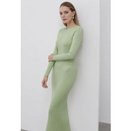 Stripe Texture Fitted Knit Maxi Dress in Pistachio | Chicwish