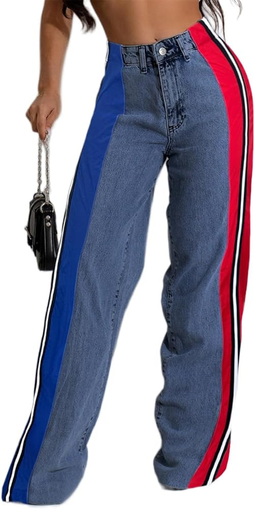 Angsuttc Jeans for Women Patchwork Stripes Trendy Jean High Elastic Waist Color Blocked Wide Leg ... | Amazon (US)
