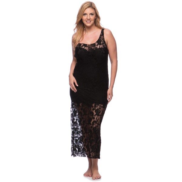 'Romance Selections' Long Stretch Lace Gown with Side Slit | Bed Bath & Beyond