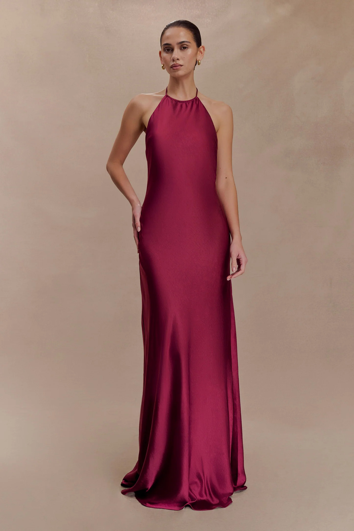 Bella Satin Halter Maxi Dress - Mahogany | Meshki UK