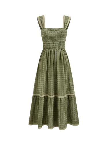 CIDER Gingham Square Neck Shirred Dresses Summer Casual Vacation Woven Maxi Dress Green | Amazon (US)