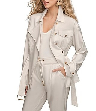 Donna Karan Coordinating Cotton Twill Point Collar Long Sleeve Belted Utility Jacket - S | Dillard's