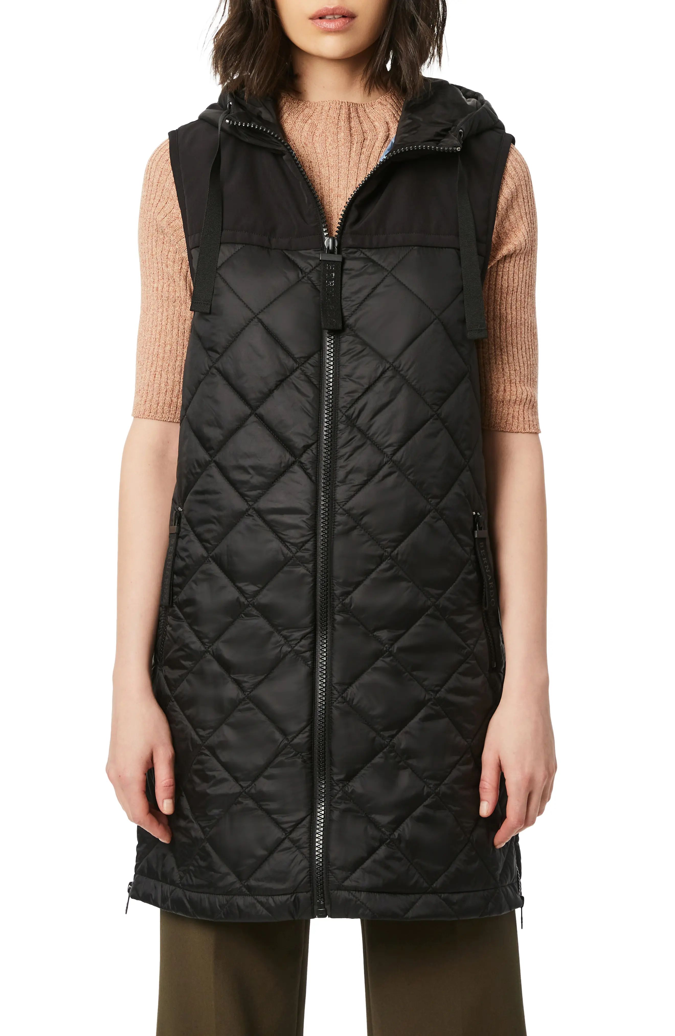 Women's Bernardo Recycled Nylon Quilted Long Vest With Hood, Size X-Large - Black | Nordstrom