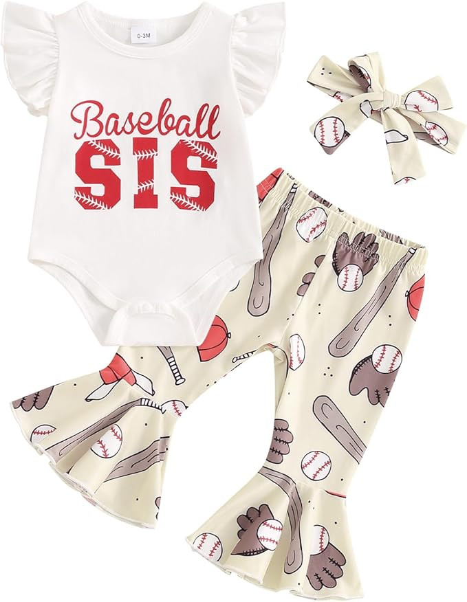 Muasaaluxi Newborn Baby Girl Baseball Outfit Baseball Sis Romper Flared Pants Bell Bottoms Headba... | Amazon (US)