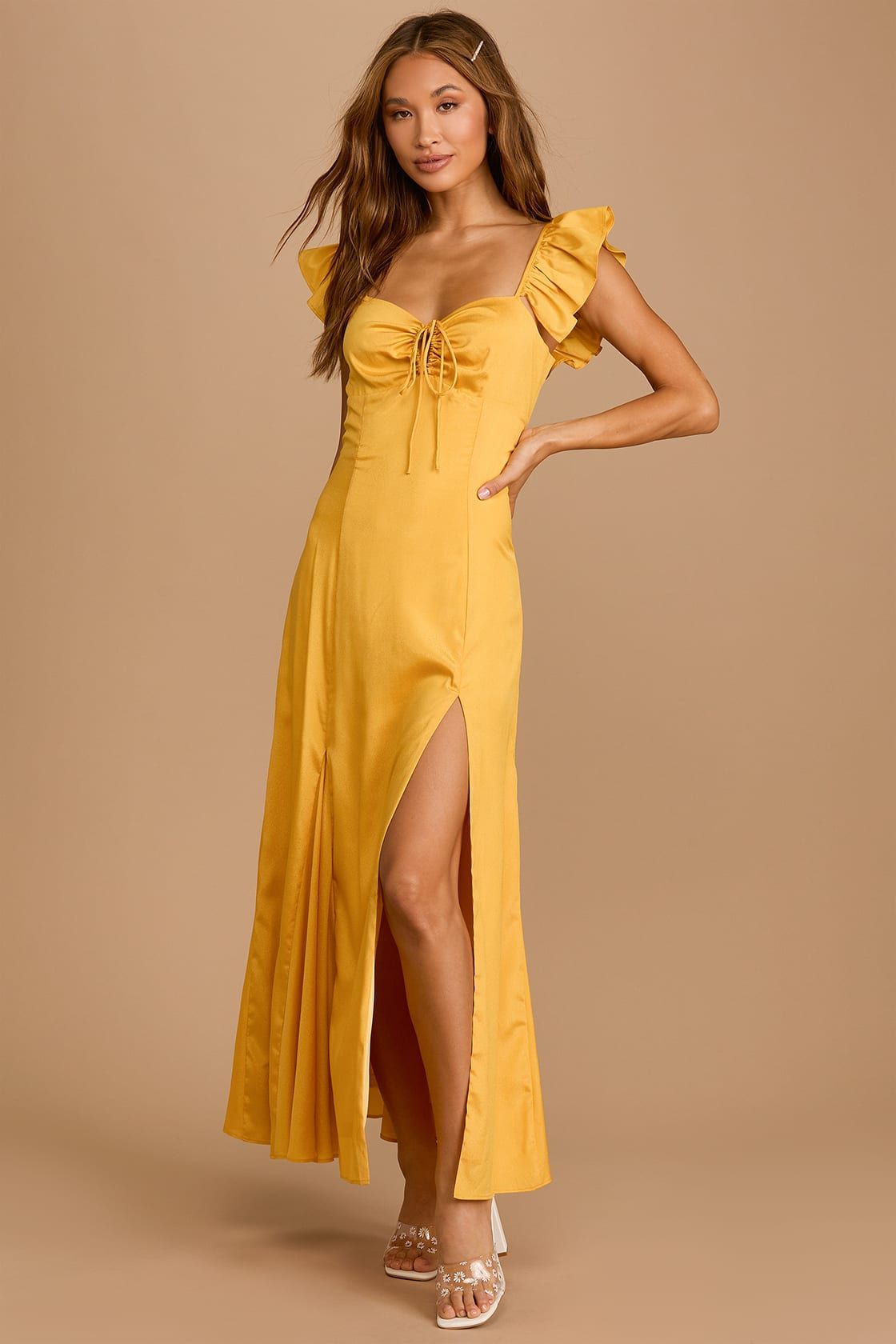 Got Your Love Mustard Yellow Ruffled Button-Back Midi Dress | Lulus (US)