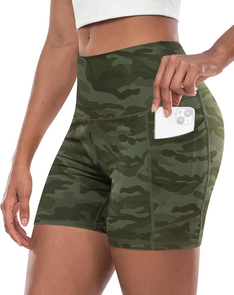 CHRLEISURE Womens Biker Yoga Shorts with Pocket, High Waisted Tummy Control 5 Inch Workout Spande... | Amazon (US)