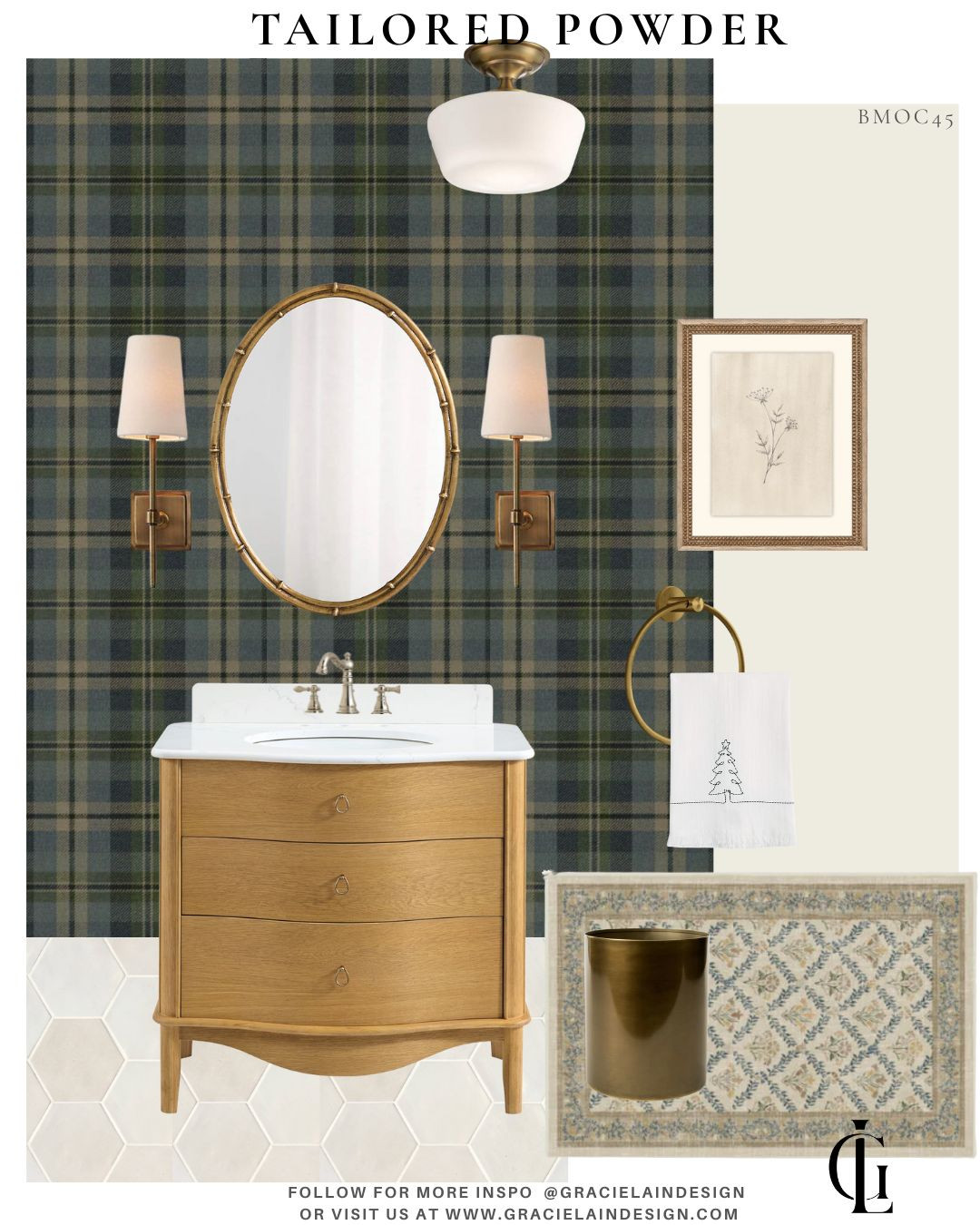Small but mighty. Small and sharp. ✨

This smart, tailored powder room proves that even the tiniest spaces can deliver big style. Plaid walls set a classic tone, softened with holiday touches in greens, blues, and creams to make guests feel instantly joyful this season. A gorgeous vanity, traditional hex floors, and warm brass accents bring timeless elegance, while botanical art adds a fresh, refined finish. Thoughtful, polished, and undeniably chic.

Tap to shop the look on LTK and see more timeless interiors at gracielaindesign.com 🤍

#PowderRoomDesign #SmallButMighty #HolidayDecor #ClassicInteriors #TailoredStyle #TraditionalDesign #PlaidDecor #BrassAccents #HexTile #BotanicalArt #ElegantSpaces #InteriorInspo #LTKHome #GracielaInDesign 

 #LTKHoliday #LTKHome #LTKSaleAlert