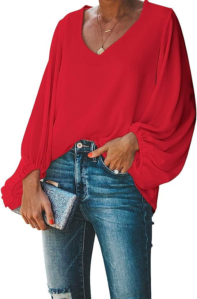 BELONGSCI Women's Casual Sweet & Cute Loose Shirt Balloon Sleeve V-Neck Blouse Top | Amazon (US)