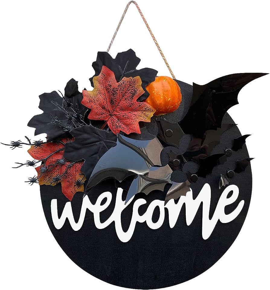 Whesamy Welcome Halloween Wreaths for Front Door Sign Outdoor Decor Black Maple Leaves and Bat Wo... | Amazon (US)