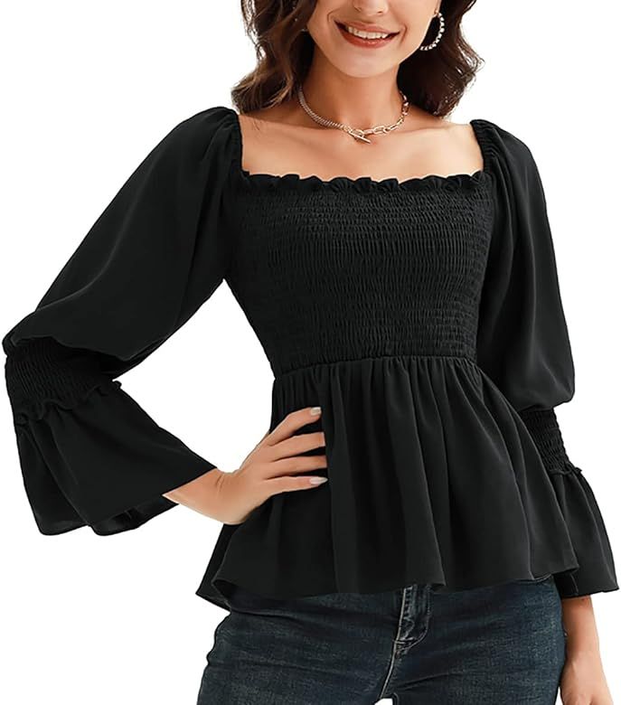 CURLBIUTY Women Square Neck Tops Puff Sleeve Shirred Trendy Peplum Hem Tops | Amazon (US)