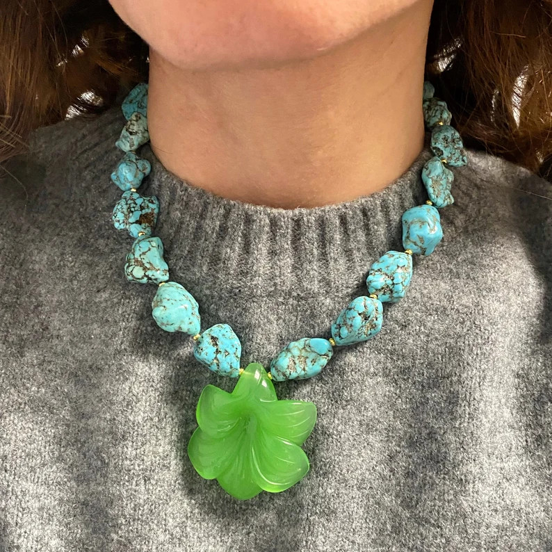Turquoise Color Necklace, Howlite Stones Necklace, Blue Green Necklace, Green Flower Pendant Neck... | Etsy (US)