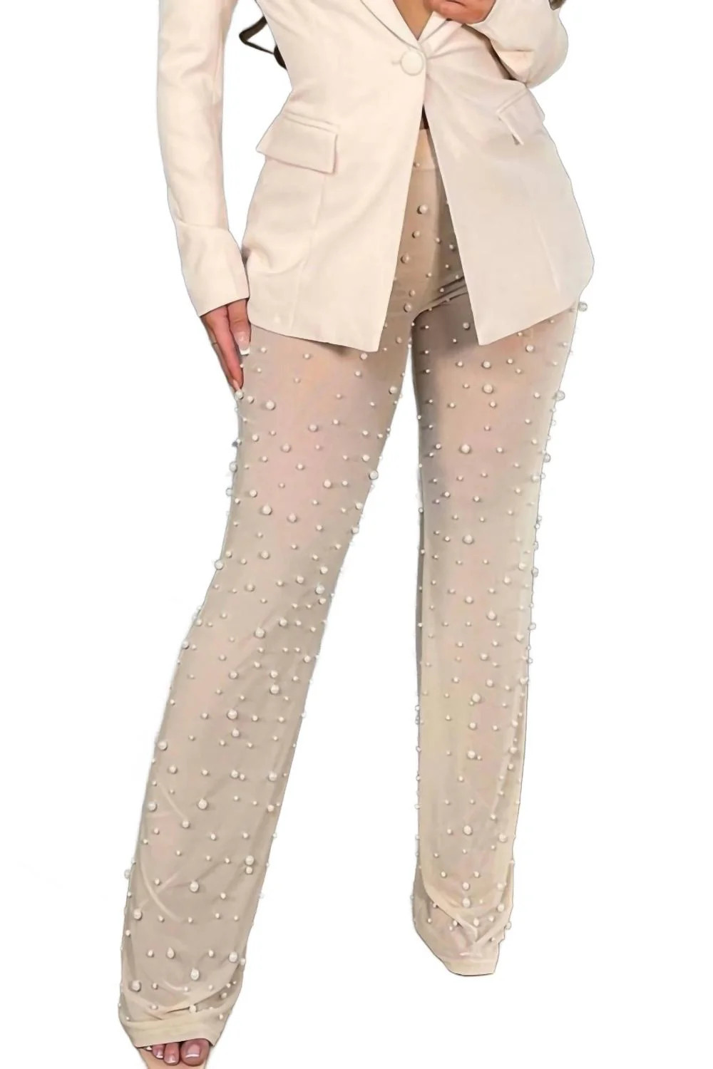 Sophie Wide-Leg Pearl Beaded Sheer Pants In Beige | Shop Simon