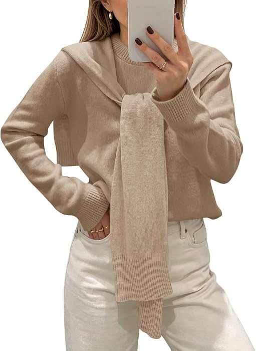 Saodimallsu Womens Crew Neck Pullover Sweaters with Attached Shawl Wraps | Amazon (US)