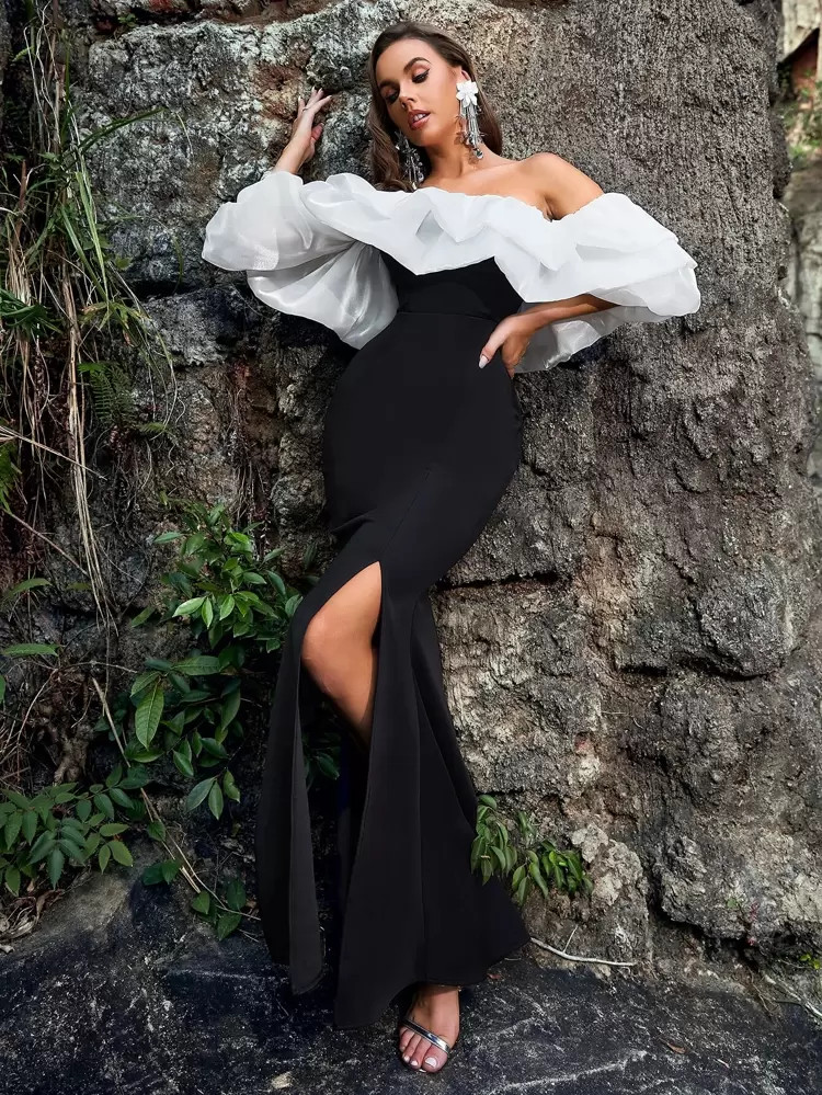 Off Shoulder Gathered Sleeve Two Tone Dress | SHEIN