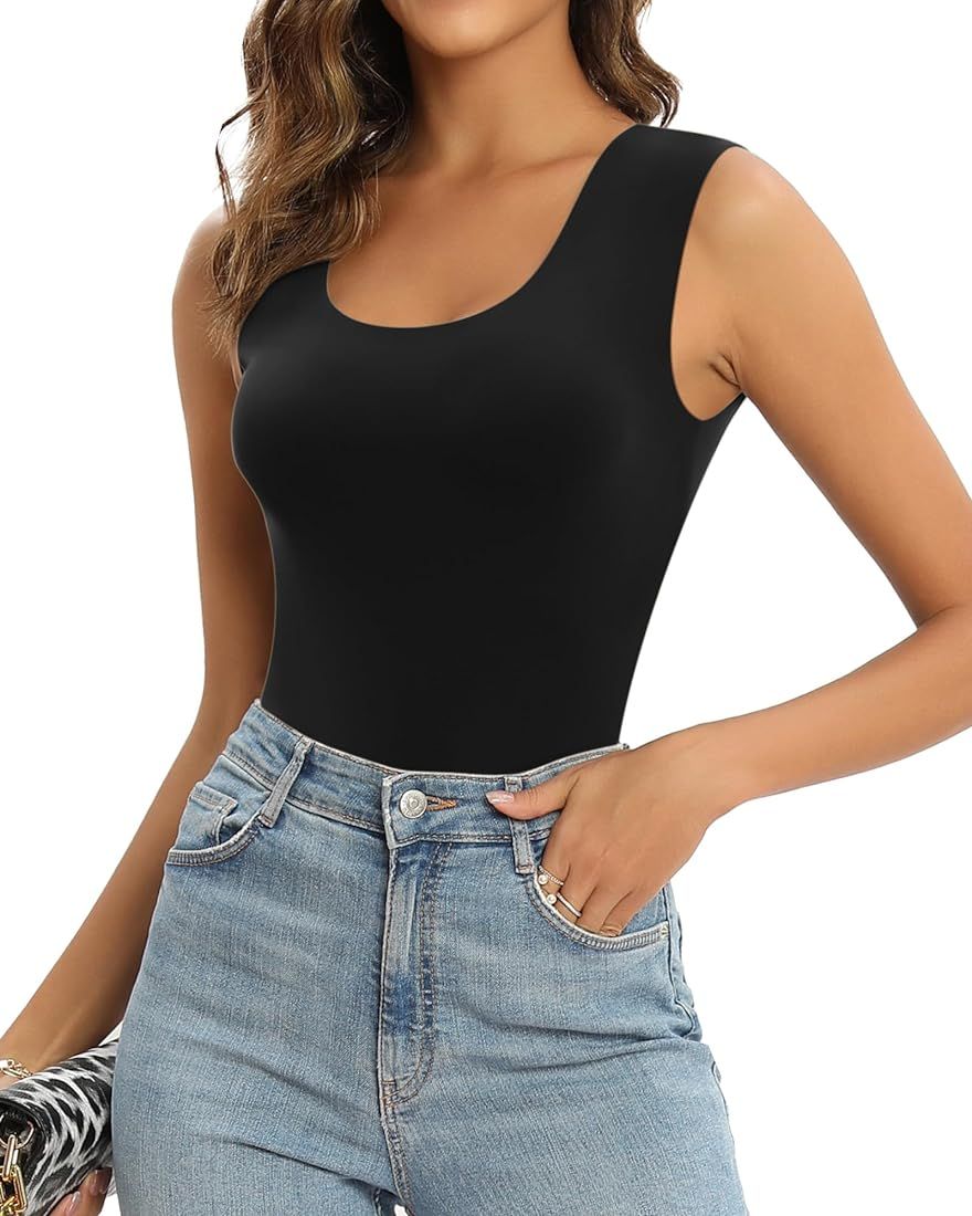 Women Scoop Neck Sleeveless Bodysuit Double Lined Basic T Shirts Tank Tops | Amazon (US)
