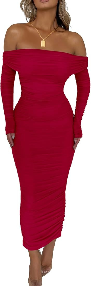PRETTYGARDEN Women's Fall Off Shoulder Maxi Bodycon Dress Long Sleeve Ruched Fitted Club Dresses ... | Amazon (US)