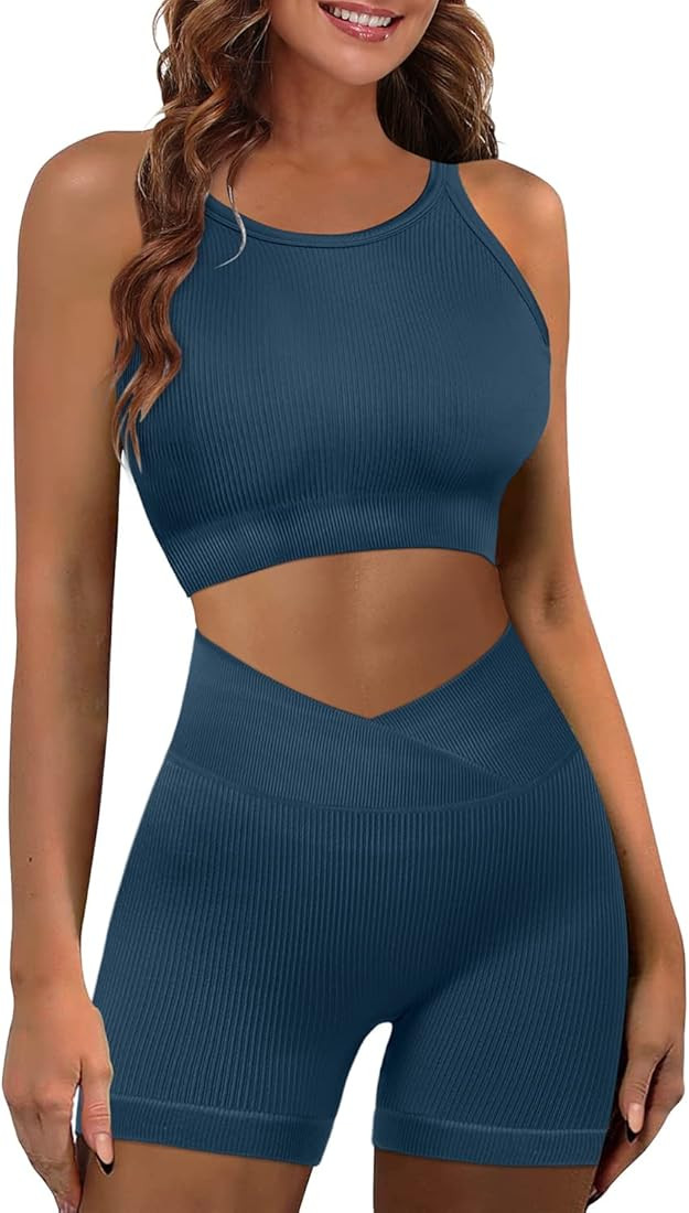 Workout Sets for Women 2 Piece Ribbed Seamless High Waist Shorts Yoga Outfits | Amazon (US)