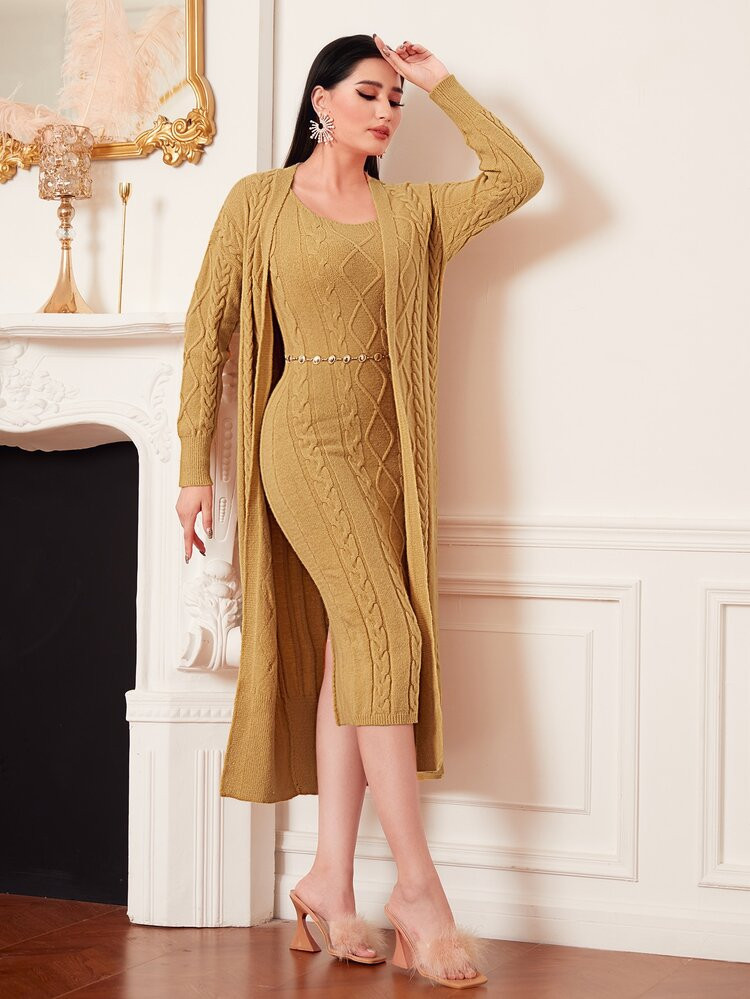 New
     
      Cable Knit Sweater Dress & Cardigan Without Belt | SHEIN