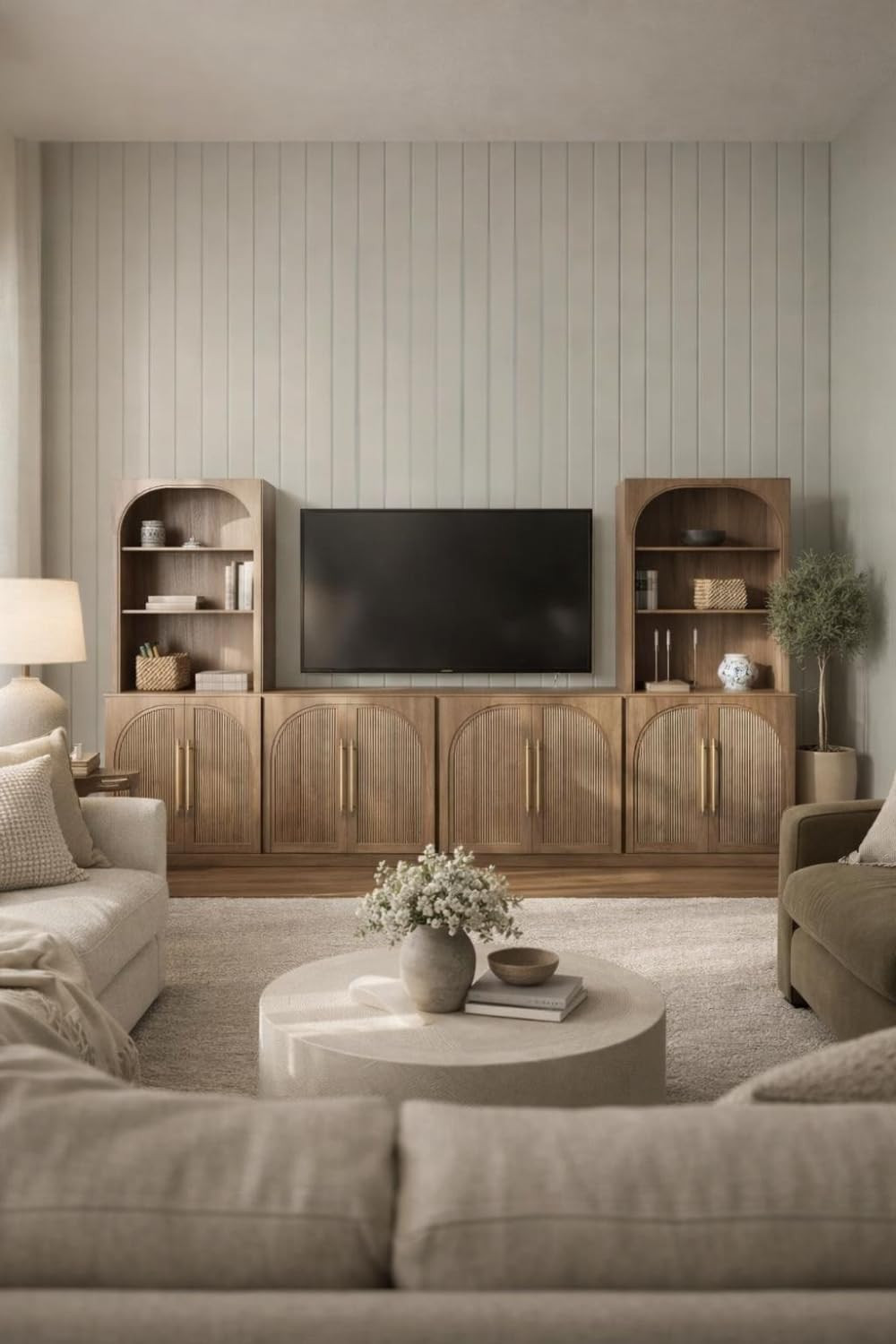 BELLEZE 6-Piece Modular TV Stand, Entertainment Center with Double-Arc Wood Door and Storage Hutch Cabinets, Classic Modern Media Console Table for Living Room Dining Room (Camel) | Amazon (US)