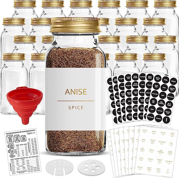 Talented Kitchen 24 Gold Large Glass Spice Jars w/2 Types of Preprinted Spice Labels. Commercial ... | Amazon (US)