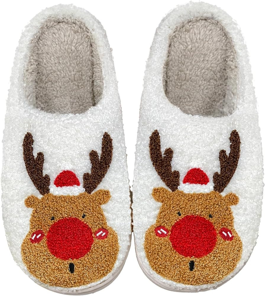 Christmas Slippers Reindeer Slippers for Women and Men Elk Animal Holiday Slipper Cute Xmas Moose Slippers Indoor Bedroom Fluffy Cartoon Warm Fleece Slippers Winter Soft Cozy Home Non-Slip Soft Plush Slip-on Wool Lined House Shoes | Amazon (US)